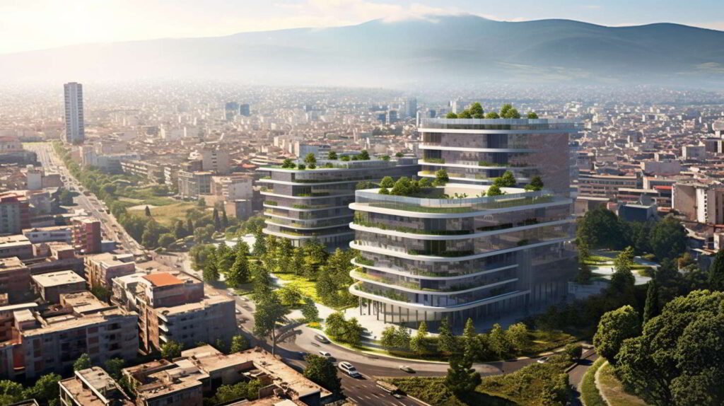 Show bustling cityscape Tirana Albania with